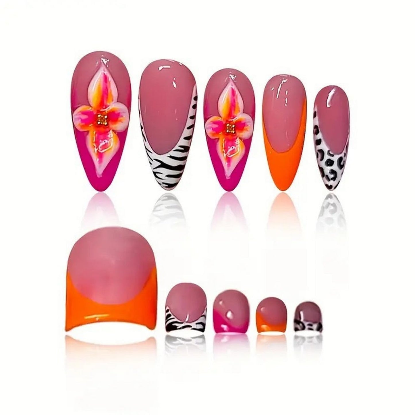 48 Pcs Flower Press on Nails Almond Medium & Press on Toenails Set Orange French Tip Fake Nails with 3D Floral Design Square Short False Toe Nails Kit Glossy Full Cover Acrylic Nails for Women