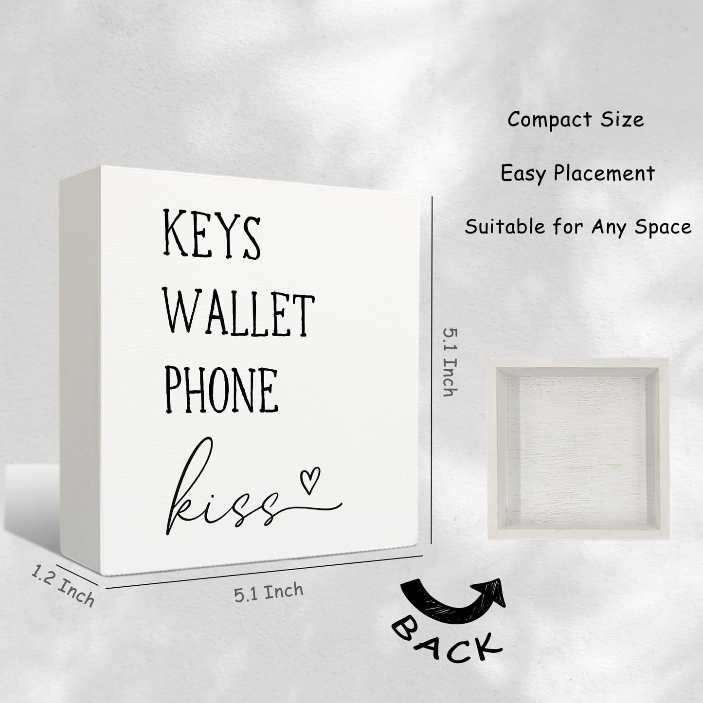 Nrleey Entryway Wooden Box Sign - Keys Wallet Phone Kiss Wood Box Sign Desk Decor, Entry Way Decor, Entry Way Table Home Decor, 5 X 5 Inches