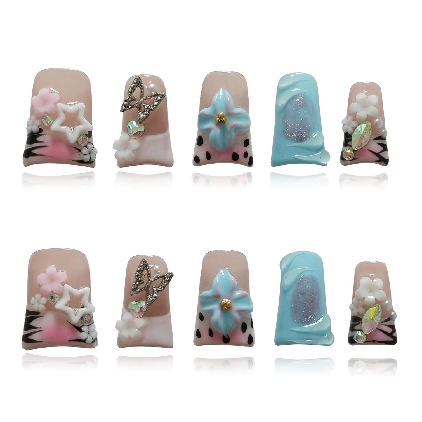 Tesytto Short Duck Press on Nails - 3D Floral Metallic Butterflies False Nails with Pink French Tip & Leopard Print, Pearls Star Luxury Design, Reusable Thick Acrylic Full Cover (Dance Passion,M)