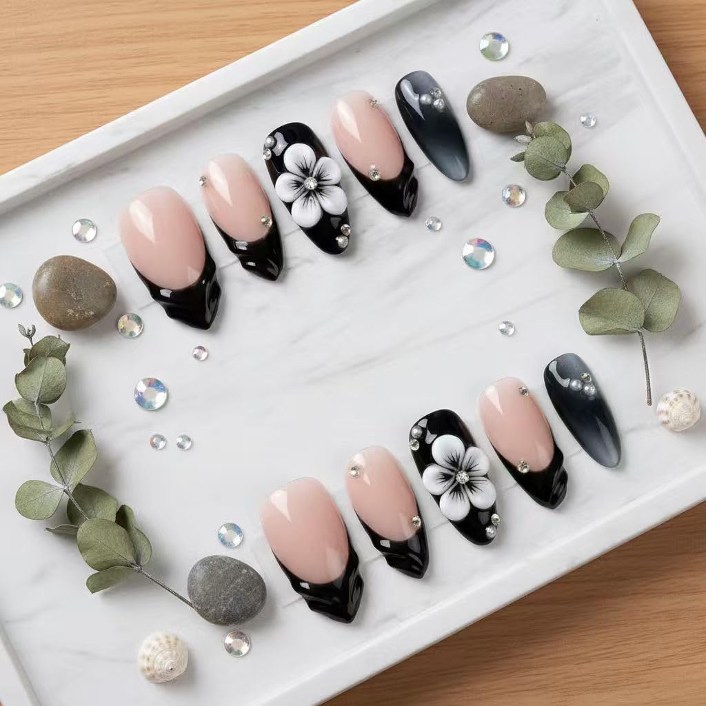 MikaJayboo Almond Press on Nails Medium Handmade Nude Base with Black French Tip Fake Nails with 3D White Flower & Rhinestone for Women Glue on Nails for Daily Party10Pcs(Size M)