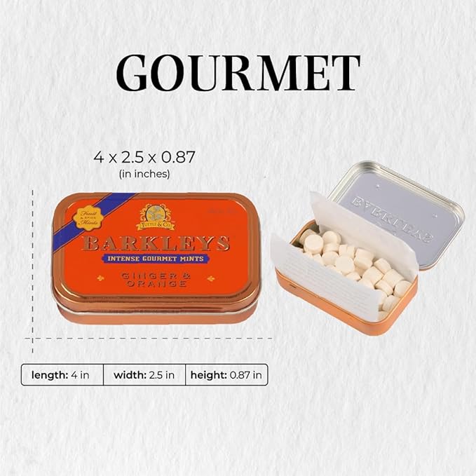 Barkleys Gourmet Ginger & Orange Breath Mints - Strong Ginger & Orange Flavor for Party, After Dinner, Wedding, Every Day Use-Vegan Mints In Reusable Classic Travel Tins, 1 Pack - 50 Count Each