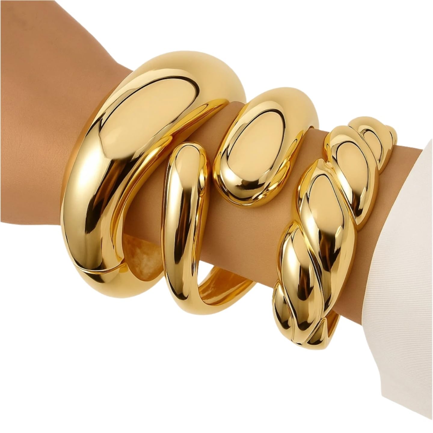 KKPOT Chunky Gold Bangle Bracelets for Women – 14K Gold Plated, 3-Piece Stackable Cuff Bangles Set, Trendy Minimalist Jewelry (Gold-2)