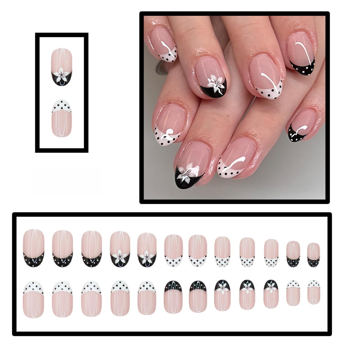 24 Pcs French Tip Press on Nails Short Oval WLGDLH Summer Fake Nails, Black White False Nails Press ons Nail Art Tips with Flower Polka Dots Design, Nude Base Glue on Nails for Women, Glossy Finish