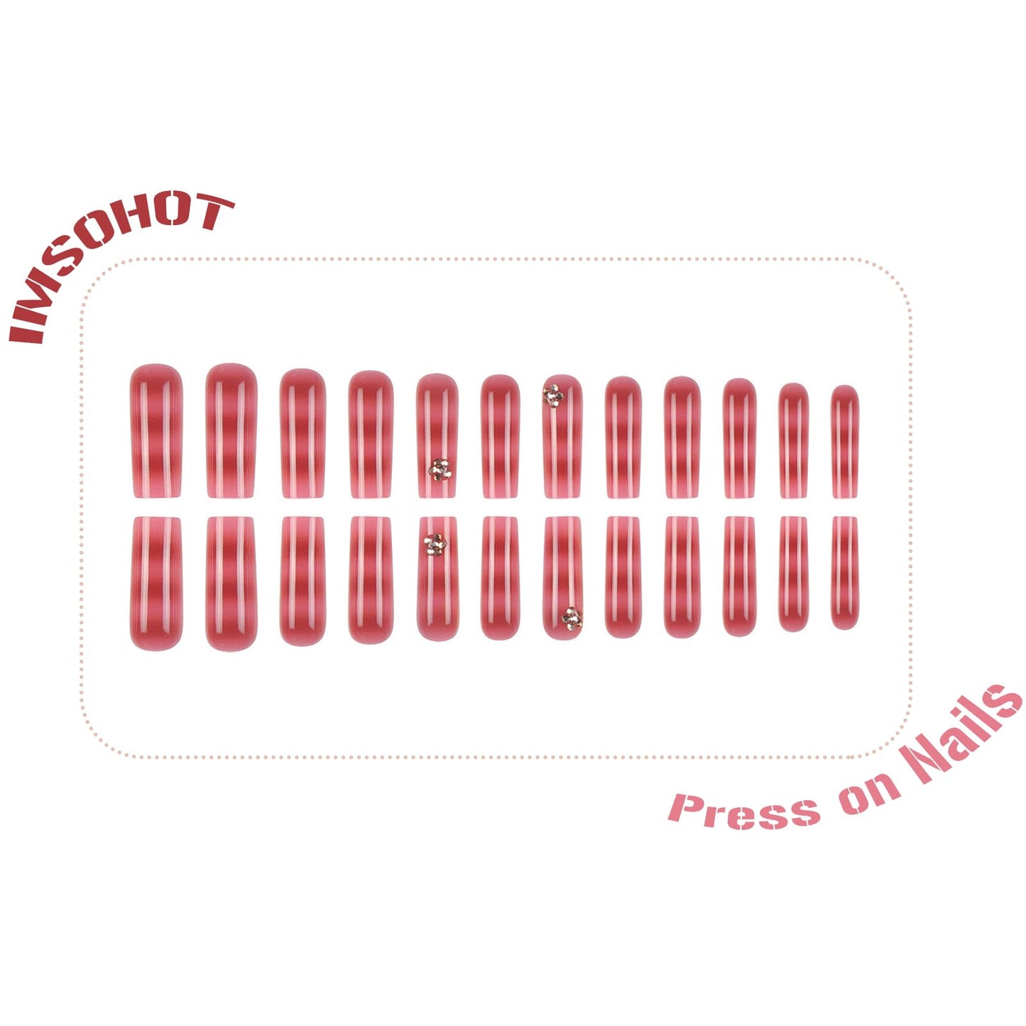 IMSOHOT Long Press on Nails Square Fake Nails Pink Red Ombre Artificial False Nails Full Cover Handmade Acrylic Glossy Nail Supplies for Women 24Pcs