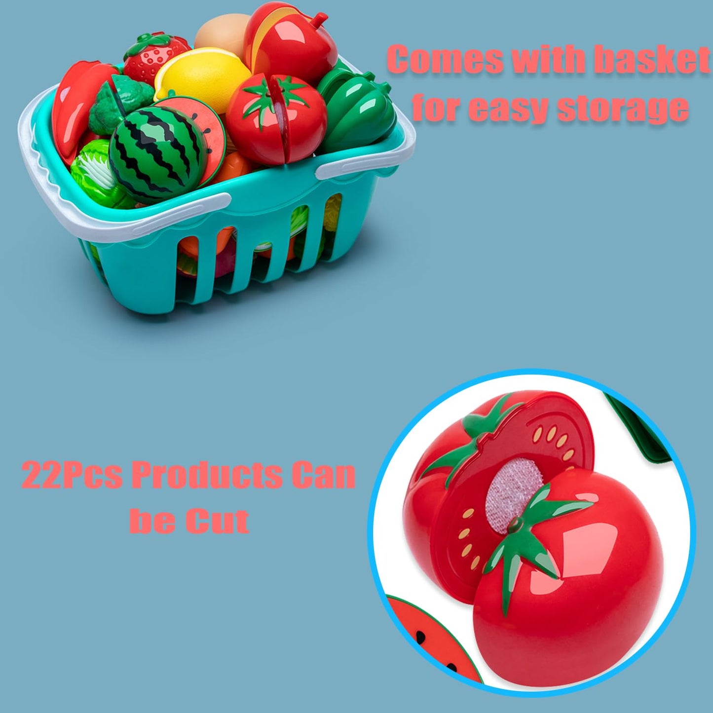 HOXBUR Pretend Play Kitchen Accessories for Kids, 77Pcs Cutting Fruits Vegetables Hamburger Toy Kitchen Accessories with Baskets for Toddlers 3 Years Old