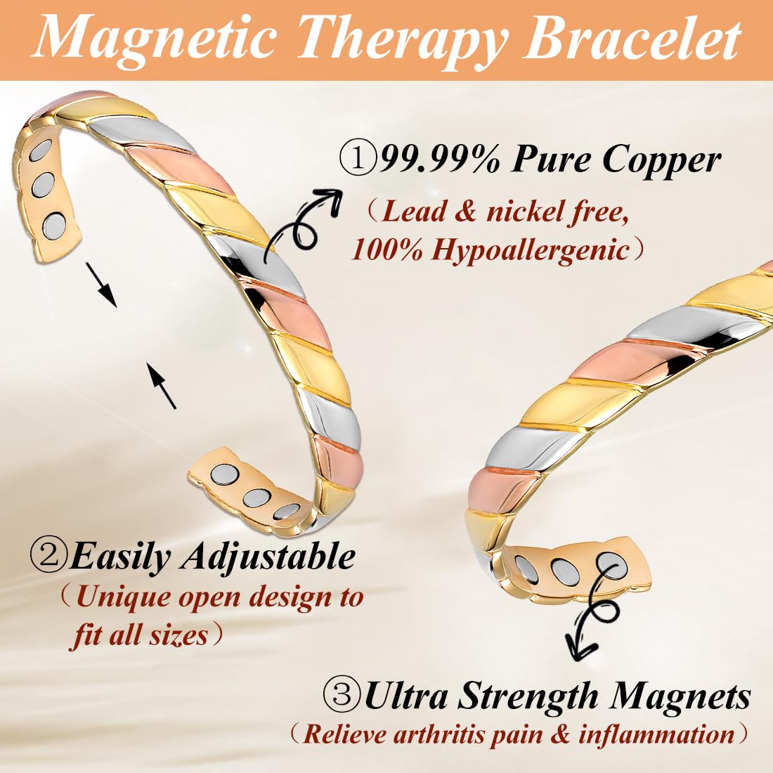 Cigmag Copper Bracelets for Women Pure Copper Bracelet Cuff Bangle Strength Magnet Adjustable