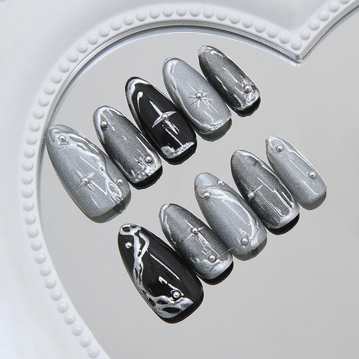 30Pcs Goth Press on Nails Medium Almond Fake Nails 3D Silver Alloy Chrome Star Glitter Design Dark Black Full Cover Glue on Nails Reusable Handmade Y2k False Nails for Women Acrylic Manicure Salon