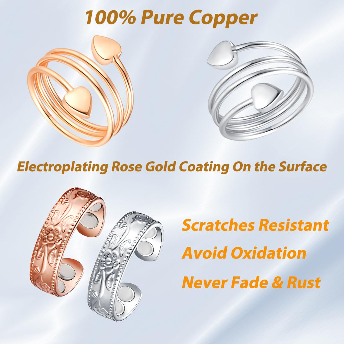 Vicmag Copper Magnetic Ring for Women, Magnetic Rings Ladies Fingers Thumb 100% Solid Pure Copper Jewelry Gift Adjustable(4PCS Flower & Love)