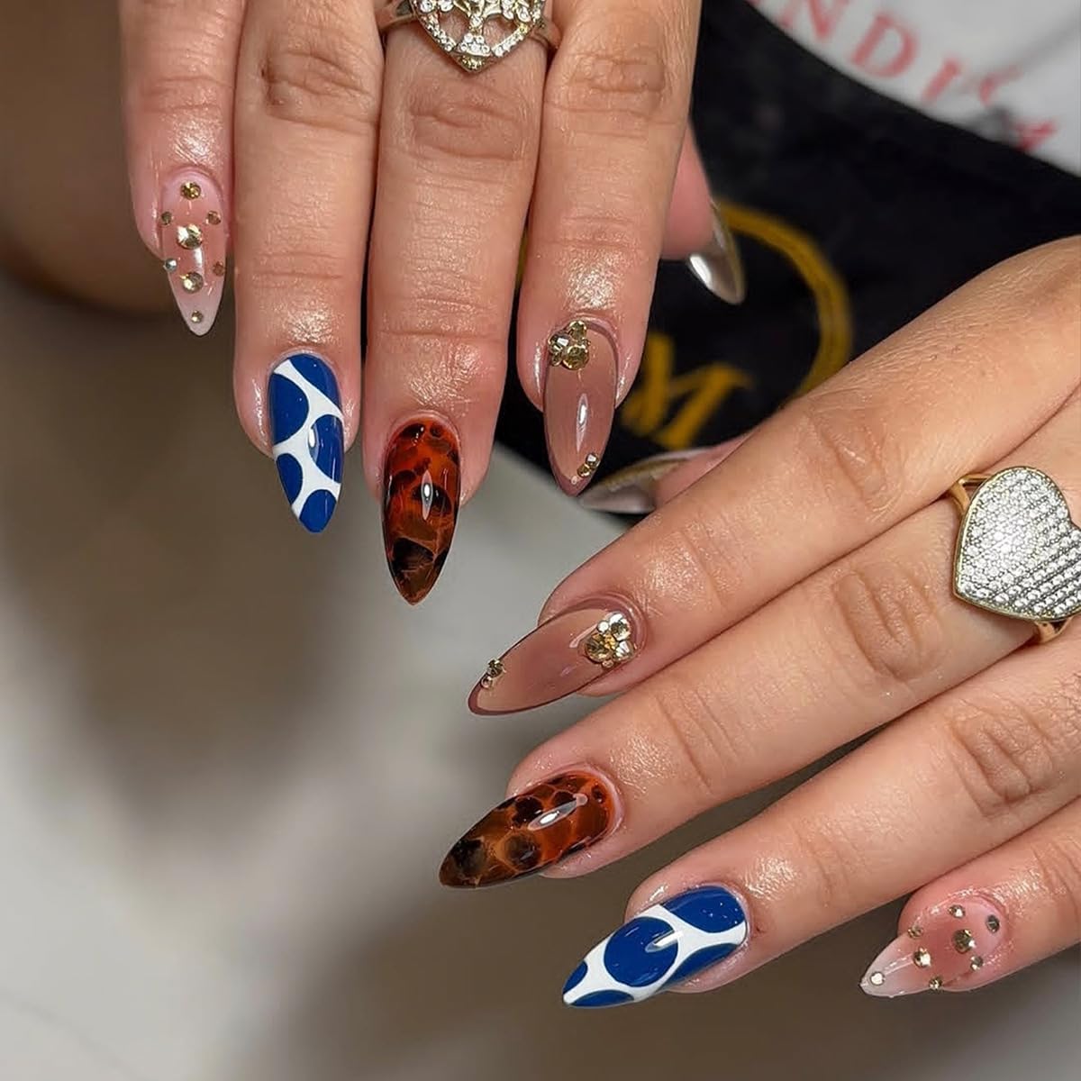 plalely Long Press on Nails Almond Blue Acrylic Press on Nails with Turtle Print Designs Long Almond Nail Tips for Women 24pcs