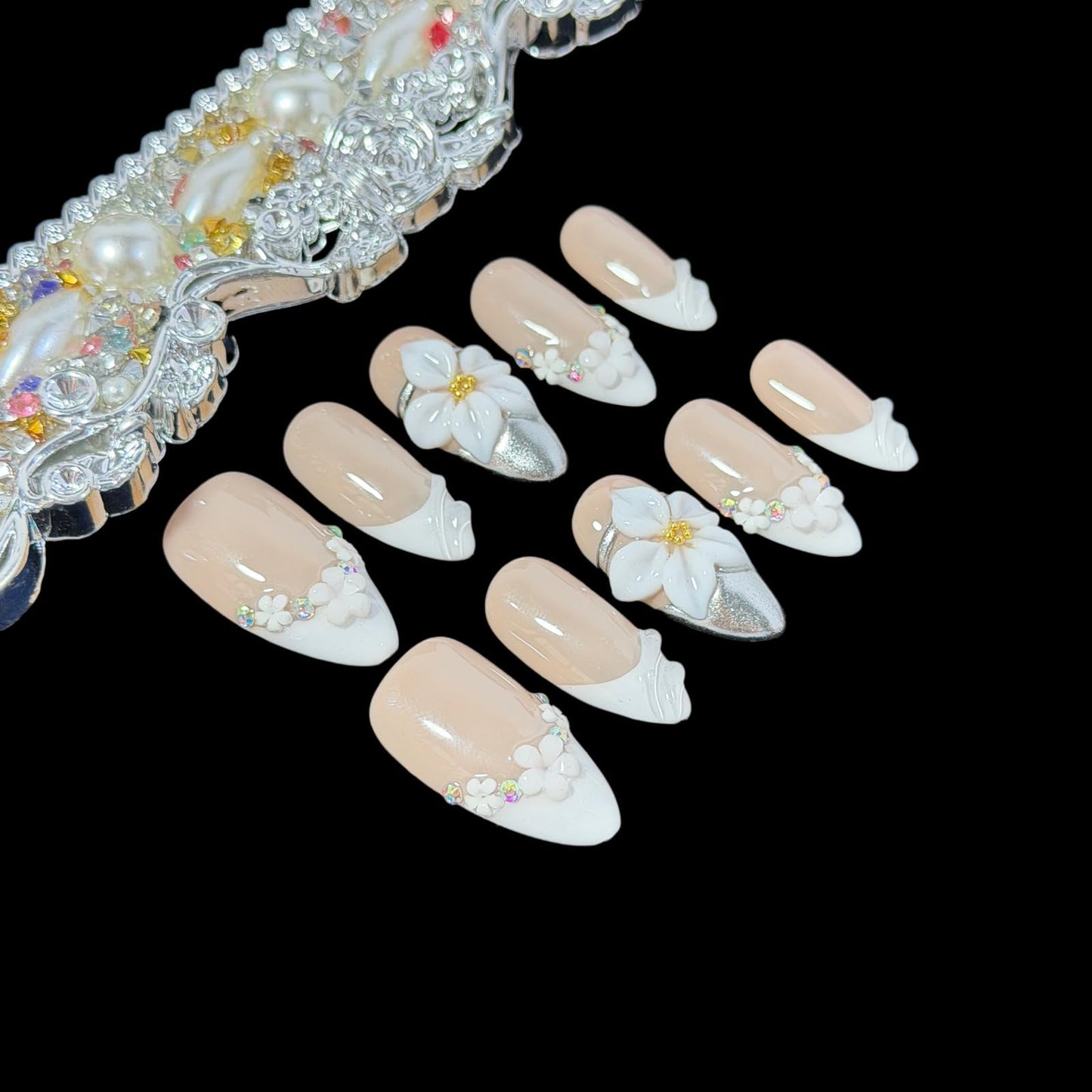 Handcrafted Press on Nails, Medium Almond Shape, 3D Flower Elegant Nude White French Tip with Rhinestone, Reusable Acrylic False Nails Classic French (L)