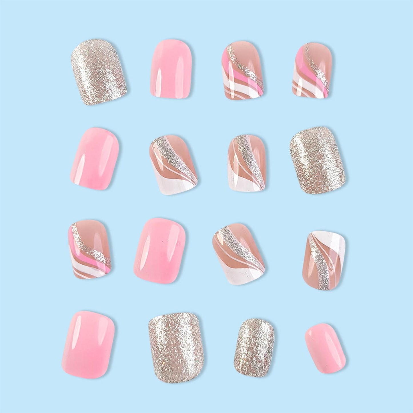 IMSOHOT Short Press on Nails Square French Tips Fake Nails Pink Silver Glitter Designs Full Cover Cute Acrylic Glossy Squoval Glue on False Nails for Women Girls 24Pcs