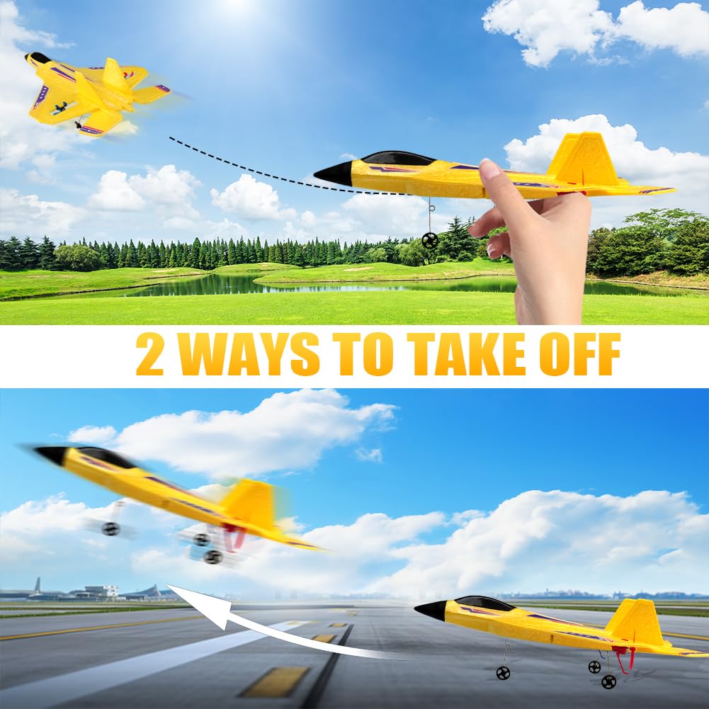 Fremego F22 RC Airplane 2.4GHz Remote Control Plane with Gyro Stabilizer, LED Lights & Dual Batteries, Easy Fly RC Glider for Kids Boys Adults Beginners(Yellow)