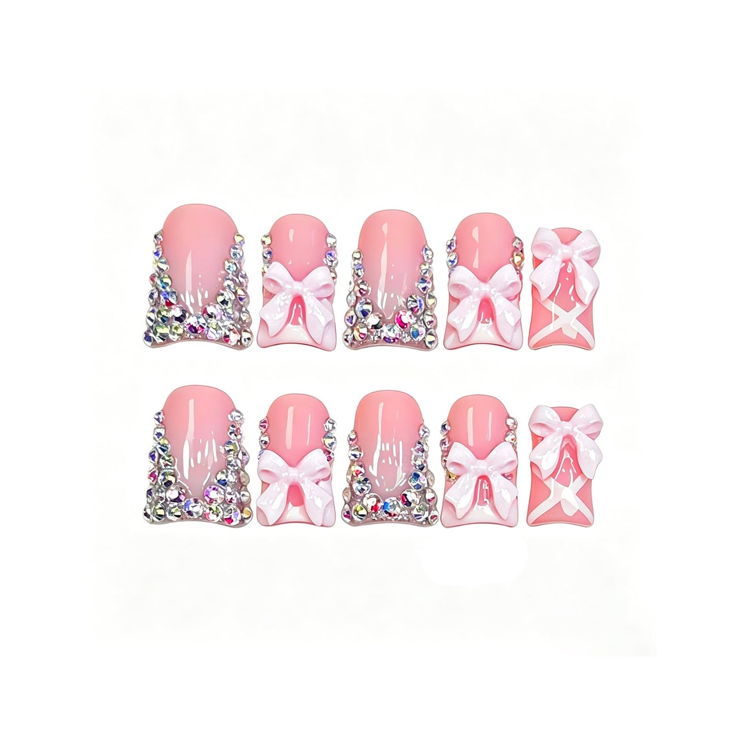 Exylixor Handmade Press on Nails Short Duck Shape - Romantic Balletcore Pink Fake Nails, 3D Bows & Rhinestone Flared False Nails, Coquette Style, 10 Pcs for Women (Size M)