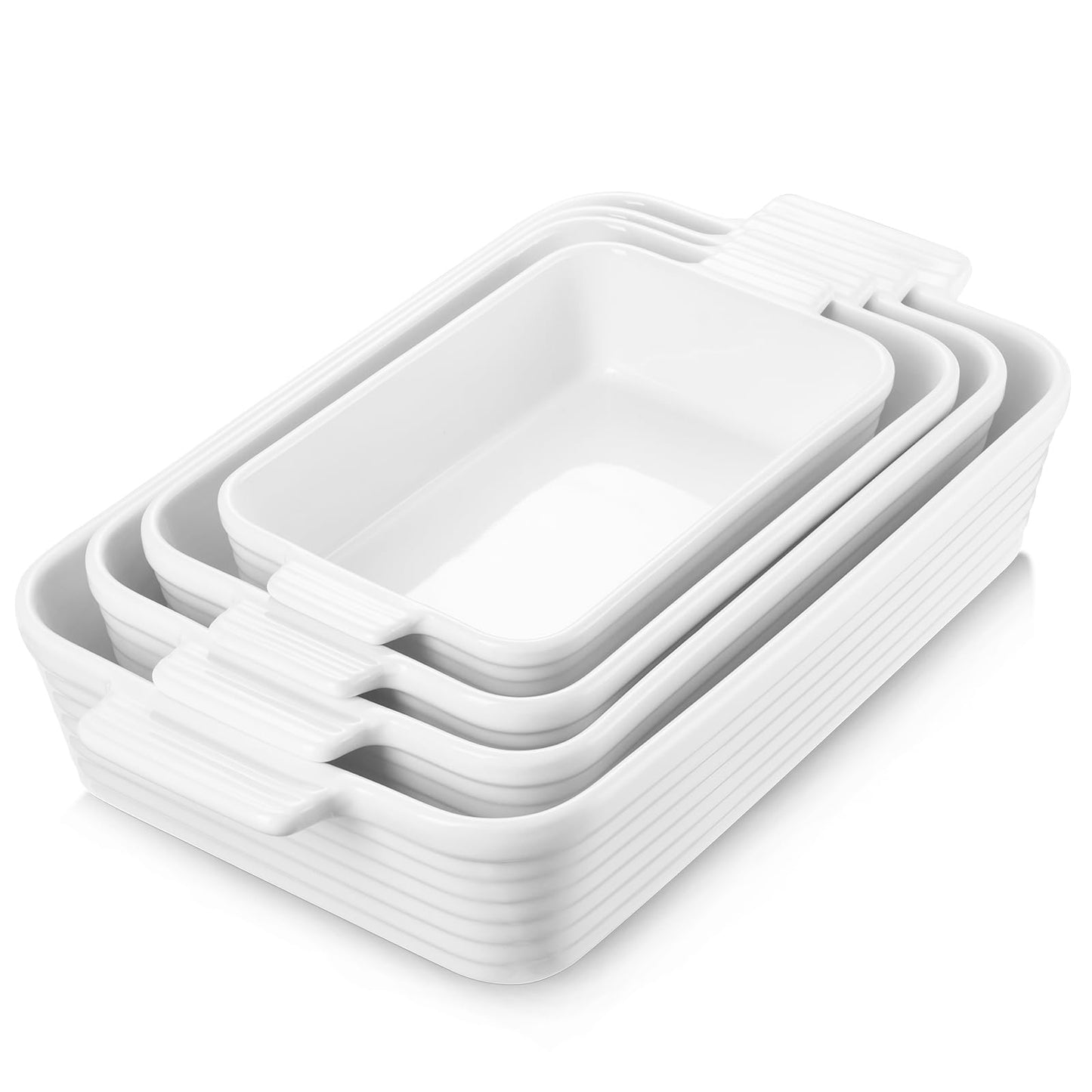 Jassceram Casserole Dishes for Oven, Porcelain Baking Dishes Set of 4, Rectangular Ceramic Casserole Dish with Handles, Deep Lasagna Pan for Kitchen Baking, 9.6" to 15.2", Nesting Design, White