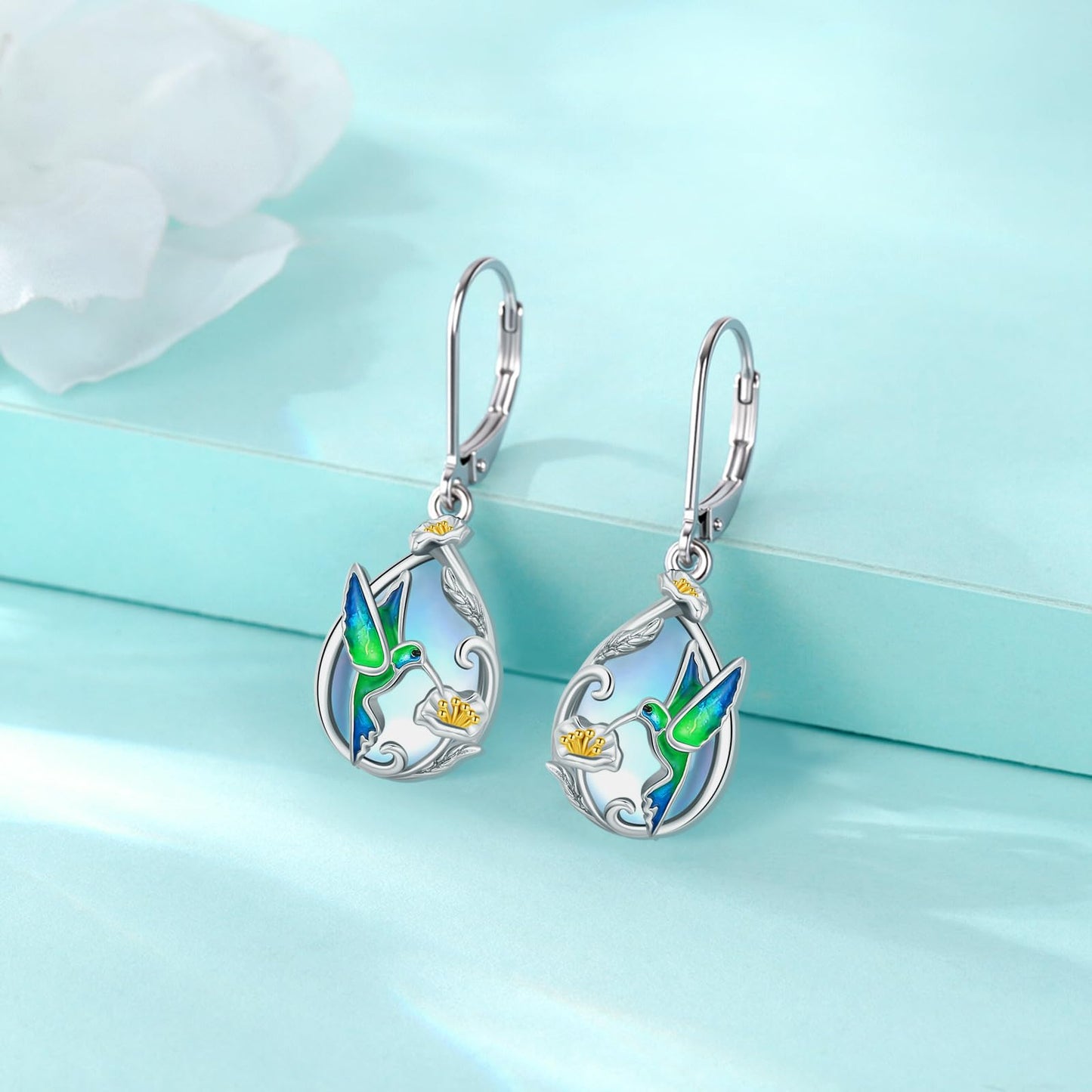 Eusense Sterling Silver Teardrop Moonstone Earrings Delicate Hummingbird Earrings for Women Floral Dangle Design Elegant Vintage Bird Jewelry Gift
