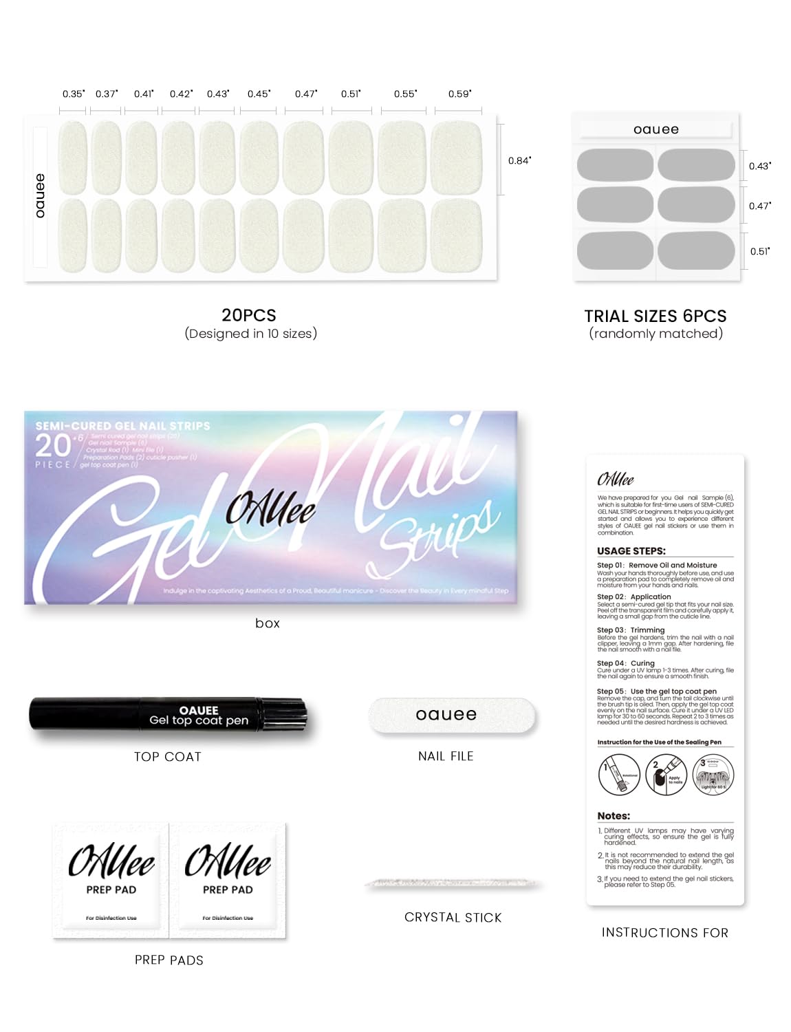 Oauee Semi Cured Gel Nail Strips | Built-In Gel Top Coat | UV Light Required | Salon Quality, Easy Application And Removal (Ivory Satin
