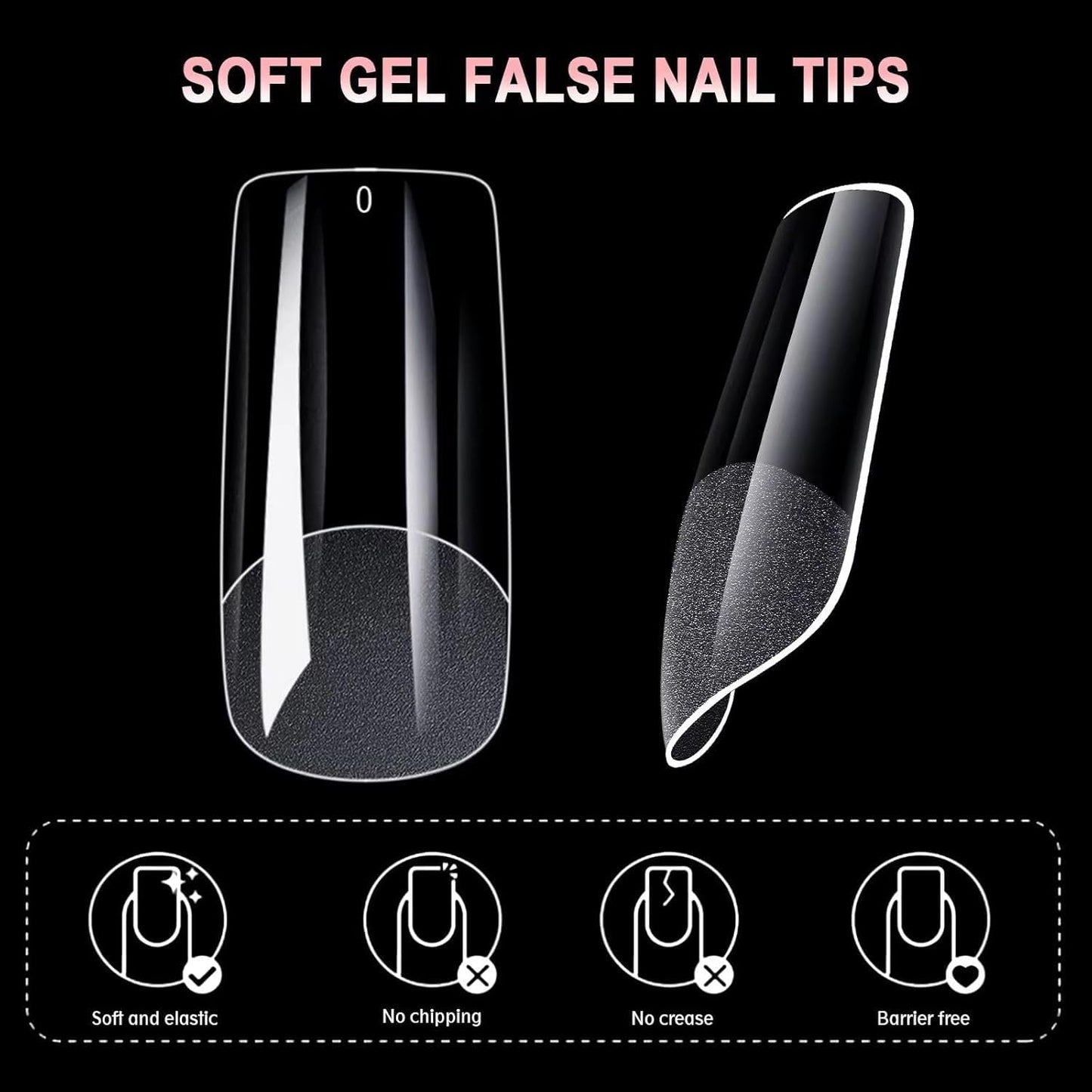 600PCS Extra Long Full Cover Soft Gel Nail Tips – 12 Sizes Clear Fake Nails with Numbers – Professional Refill Box for Nail Extension, DIY Nail Art, Salon and Home Manicure (Coffin, Clear)