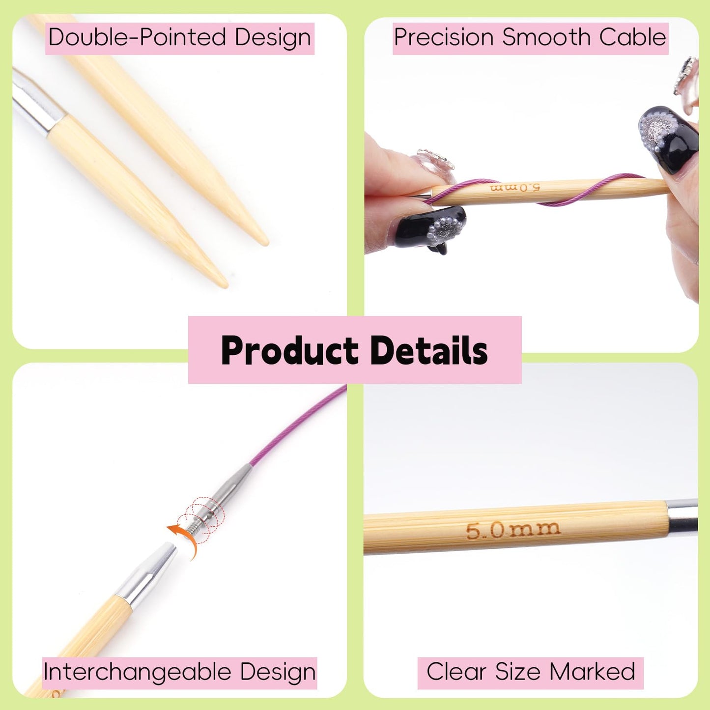 BsHooker Circular Knitting Needles Set with Case,10 Pairs Interchangeable Bamboo Knitting Needles with 5 Flexible Cables 3mm-6.5mm,Short Circular Needles 38Pcs