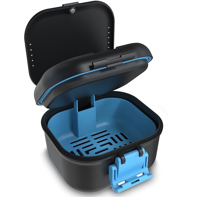 BVN Leakproof Denture Cup, Upgraded Carrying Storage, Denture Bath Box with Filter, Denture Cup for Soaking Dentures, Travel Retainer Cleaning Case (Black+Blue).