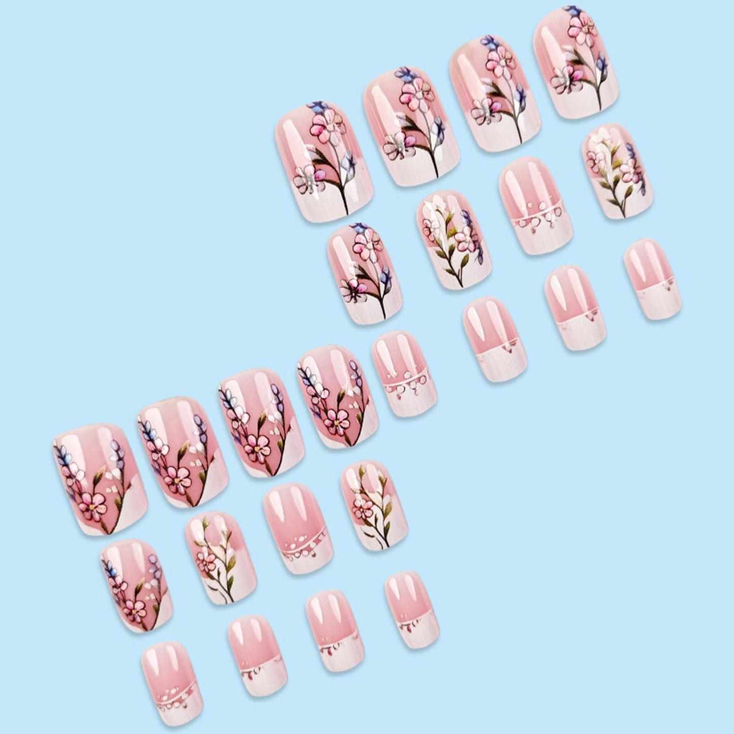 24pcs Flower Short Square Press on Nails White French Tips Fake Nails White Flower with Gradient Design False Nails Nude Glossy Full Cover Floral Artificial Stick on Nails for Women Manicure 24 Pcs