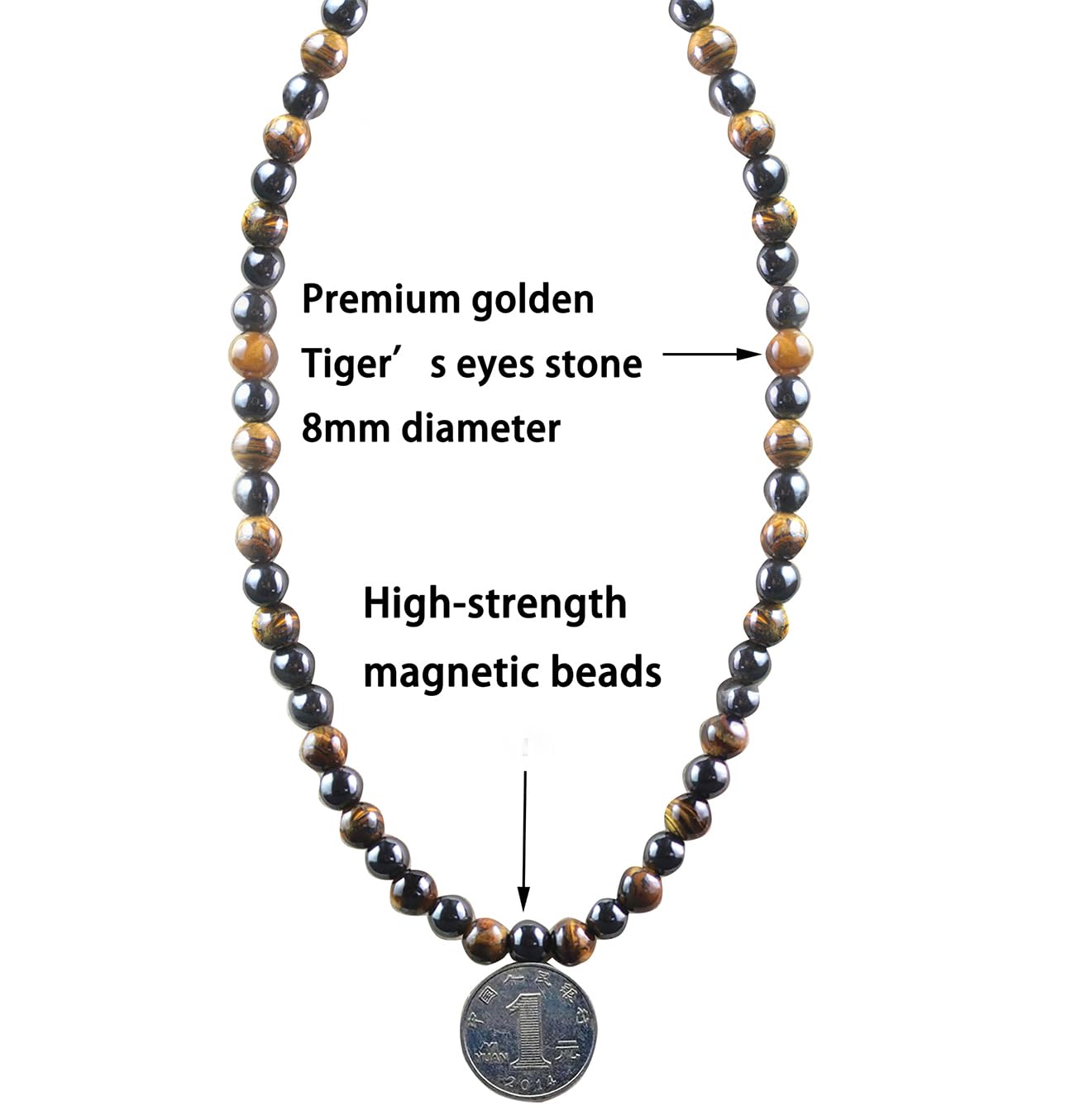 Premium Tiger Eye Beads Hematite Magnetic Therapy Necklace for Men and Women, Healing Crystal Stone Jewelry 20”Length