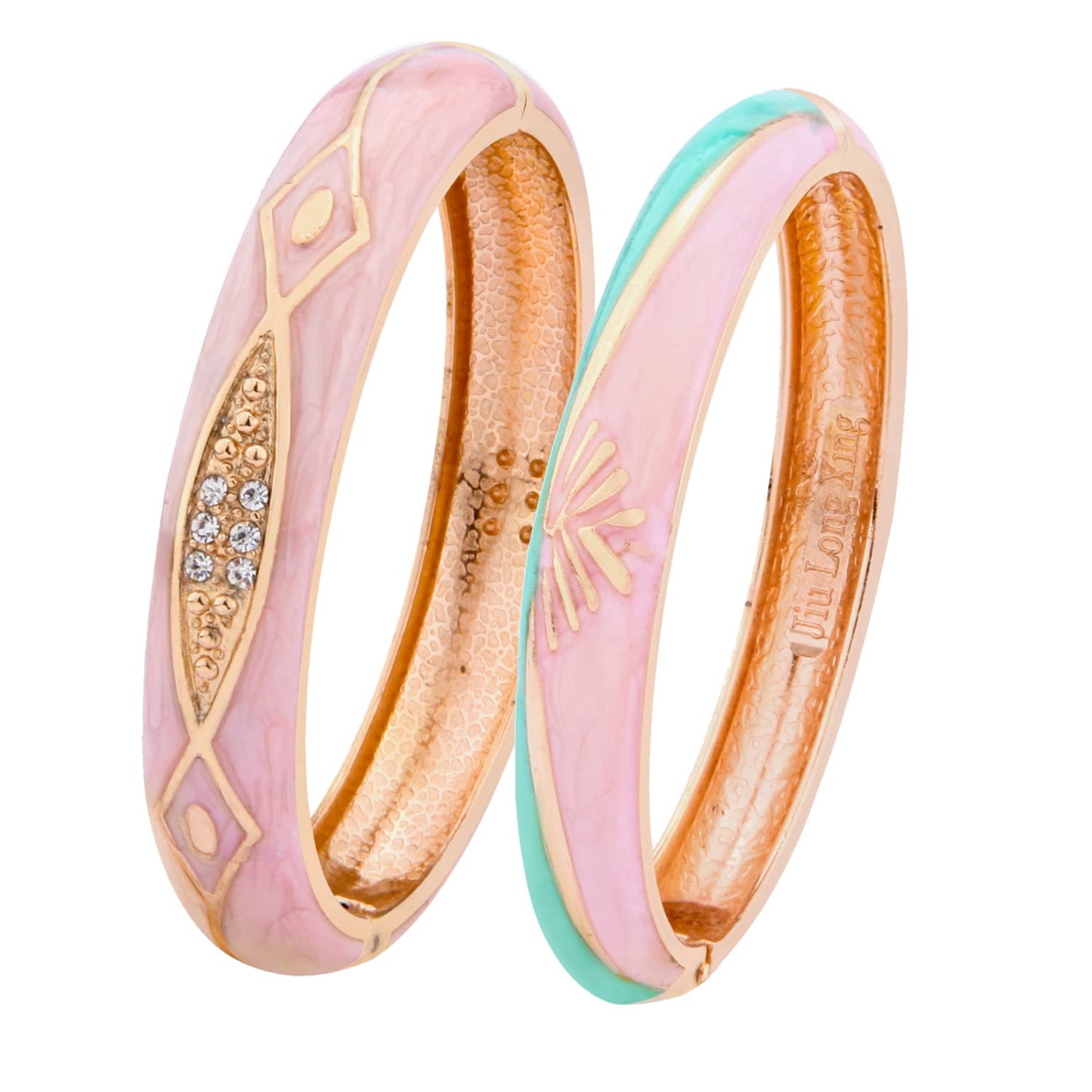 UJOY Cloisonne Crystal Bracelets Colorful Cloisonne Design Gold Plated Hinge Enamel Bangle Jewelry for Women 88C01 Pink Green