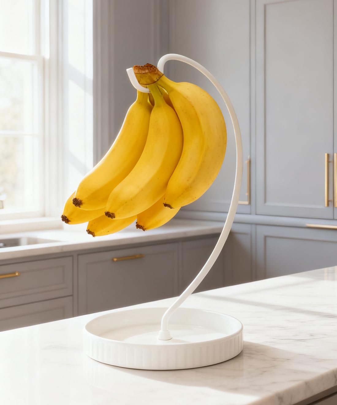 VROOMIUM Banana Holder Stand - Taller Design for Better Air Circulation, Ceramic Bowl Easy to Clean, Modern Elegant Gift Home Décor Fruit Basket-White
