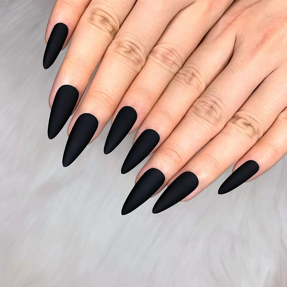 Morily Press-On Nails Bundle | Black Stiletto Matte & Black Stiletto Glossy Crystal | 24Pcs Each Set, Medium Length Long False Fake Nails
