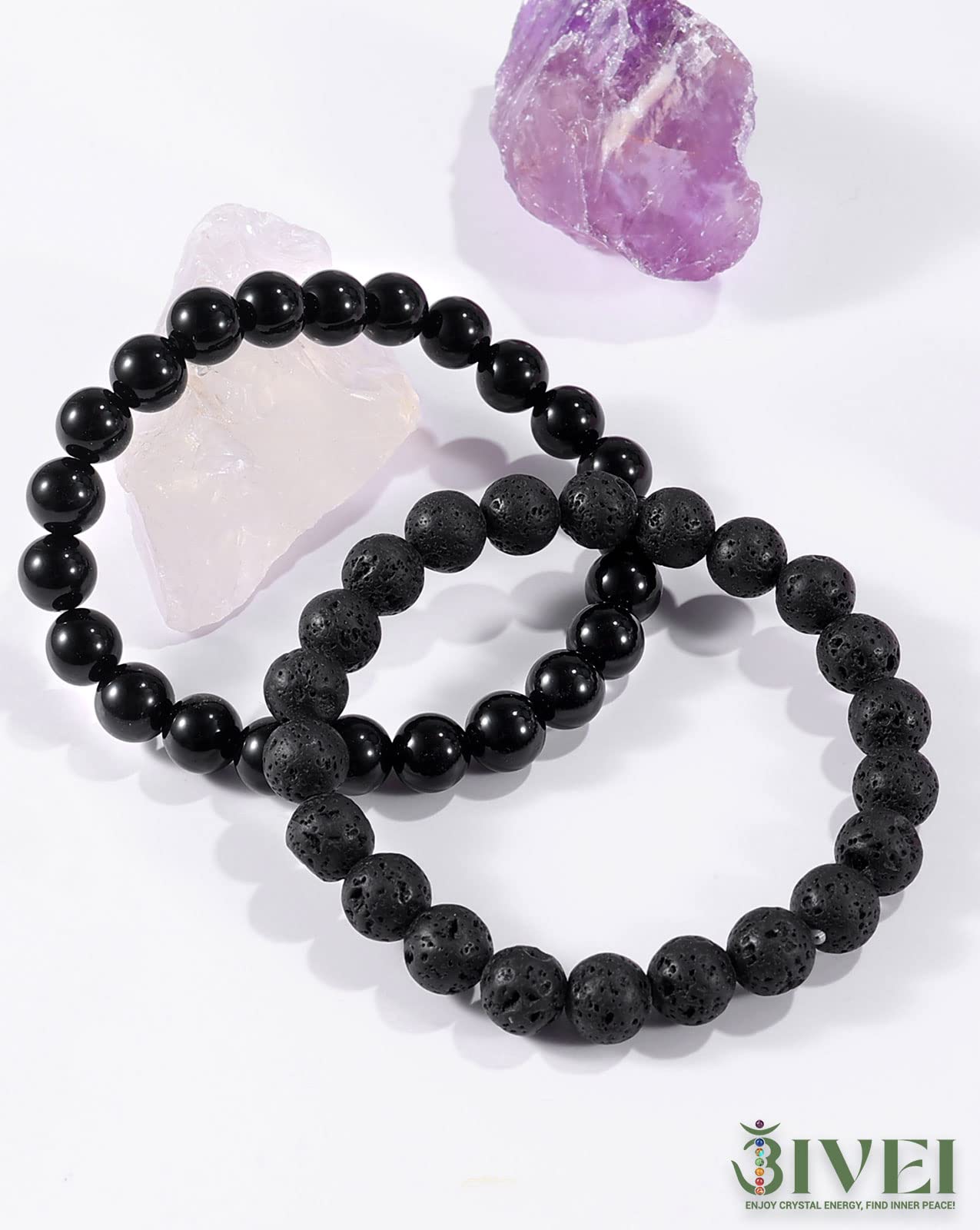 Bivei Natural Gemstone Semi Precious Crystals Handmade Stretchy Round Beads Bracelet, Enhance Positive Energy,Stocking Stuffers for Women(Lava Stone & Black Obsidian (Protection) Medium)