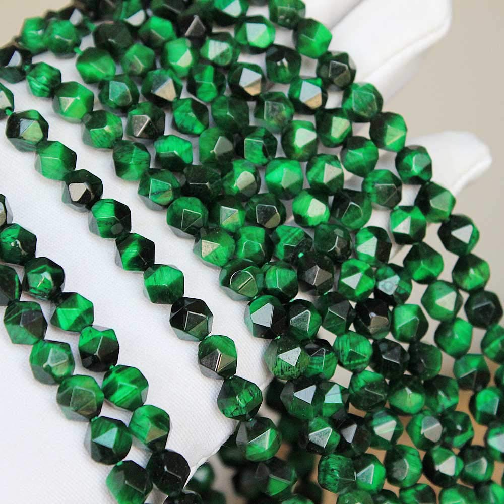 MJDCB Best Sellers Natural Stone Beads Faceted Polygon Green Tiger Eye Crystal Energy Stone Healing Power for Jewelry Making(8mm)