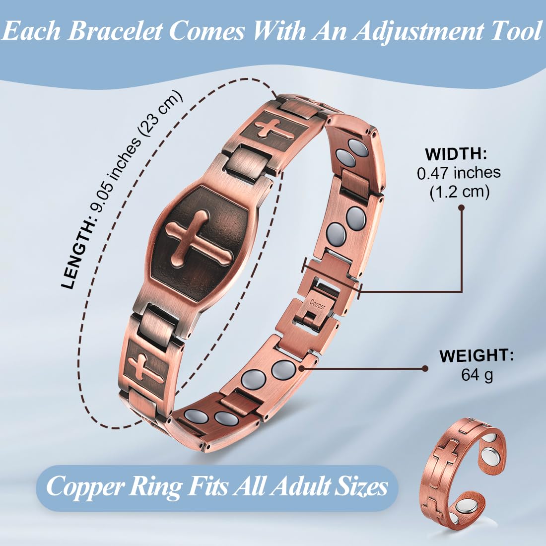 Vicmag Men Copper Bracelet Double Row 100% Solid Pure Copper Jewelry Gift with Adjustment Tool