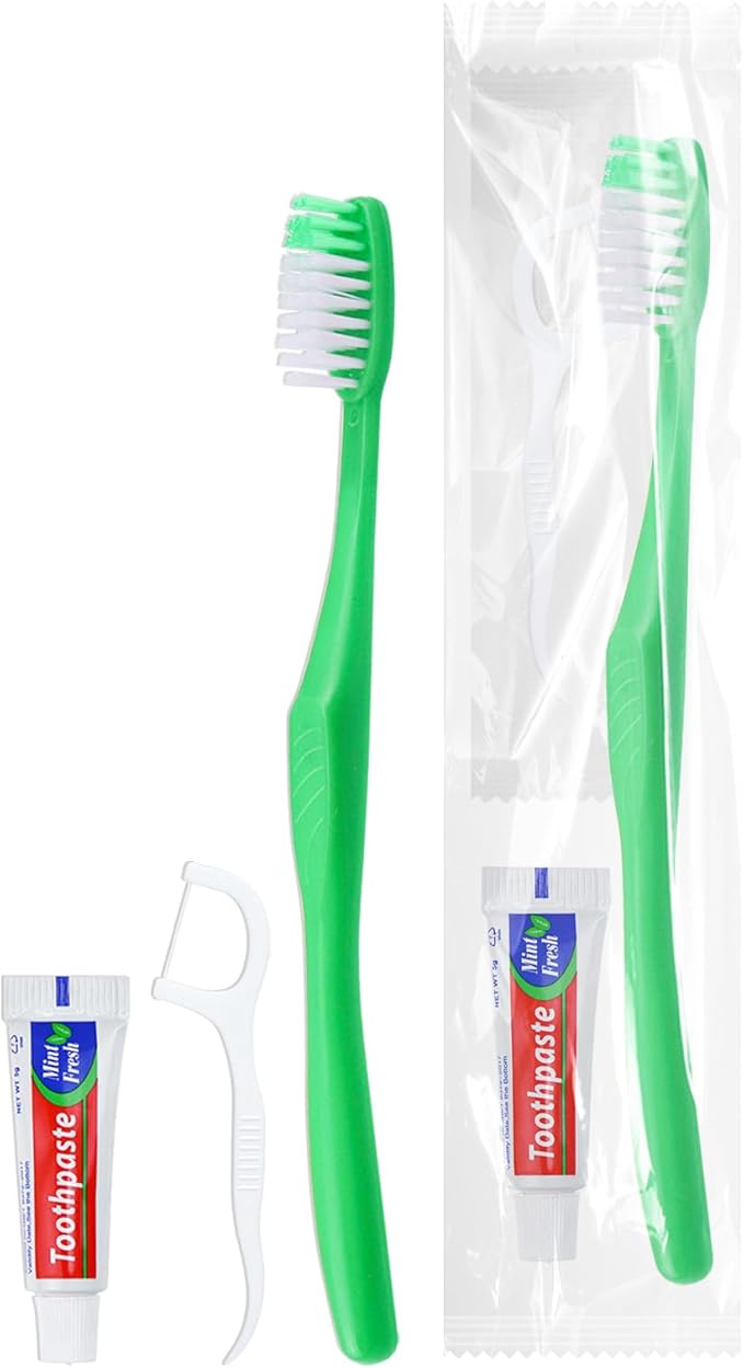 Disposable Toothbrushes with Toothpaste and Floss,100Pcs Green Single Use Individually Wrapped Disposable Travel Toothbrushes and Dental Floss Kit Bulk for Homeless,Airbnb,Hotel,Dentist