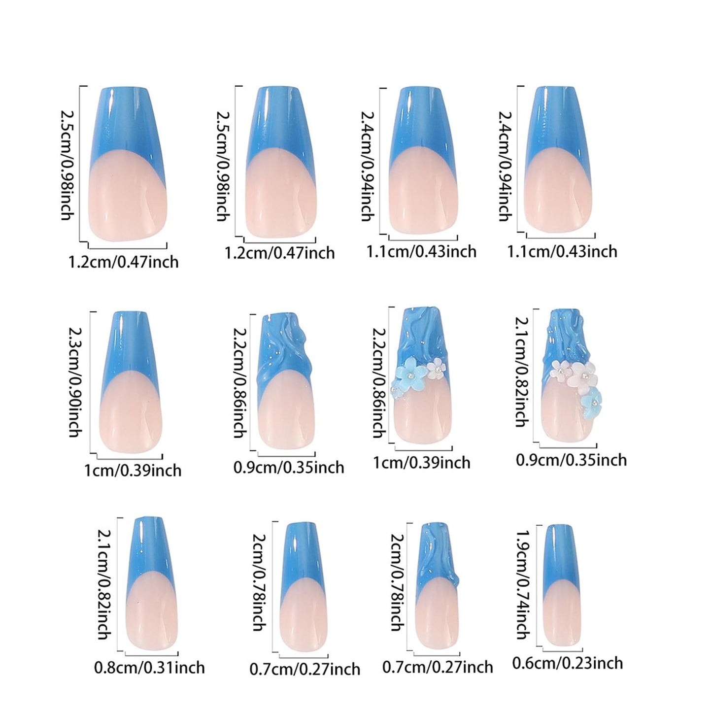 IMSOHOT Long Coffin Press on Nails - Blue Flower | Glossy French Fake Nails Tips Full Cover Gel Acrylic Glue on False Nails