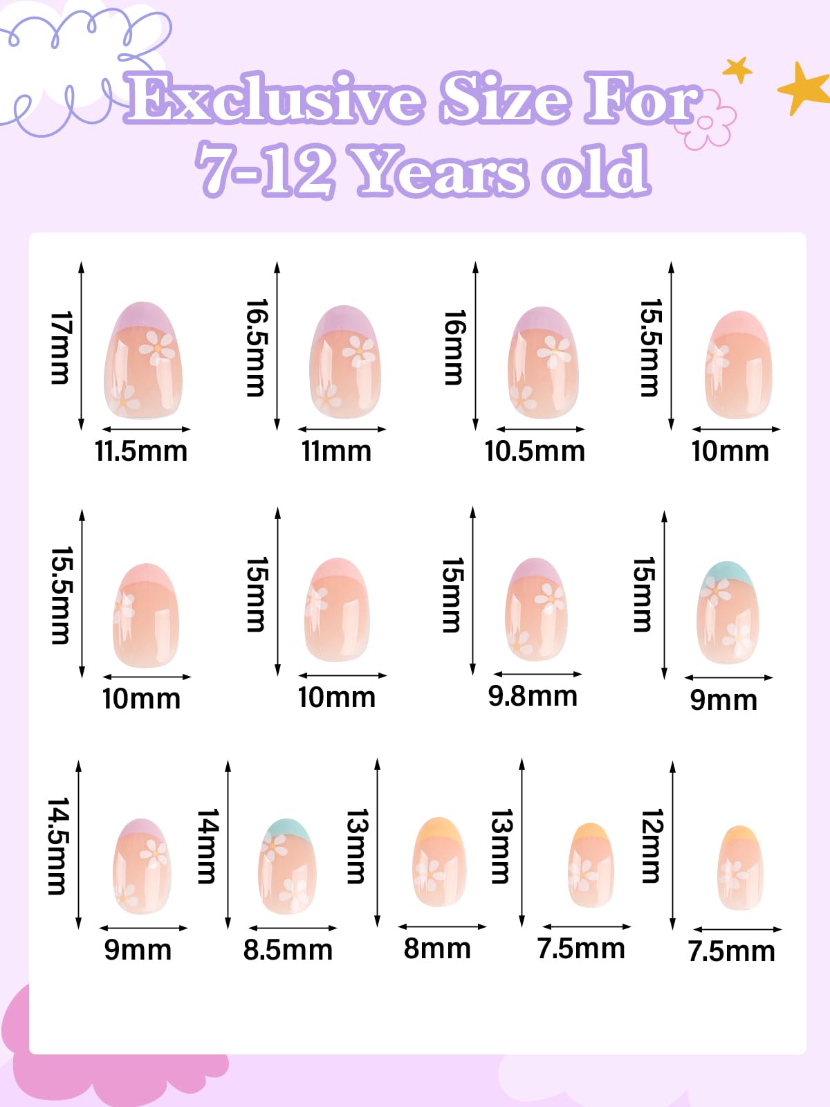 78 Pieces Press on Nails for Kids, EBANKU 3 Pack Kid Fake Pink Star Flower Short Artificial False Nail Kits for Kids Girls 6-12 Years with Nail Glue