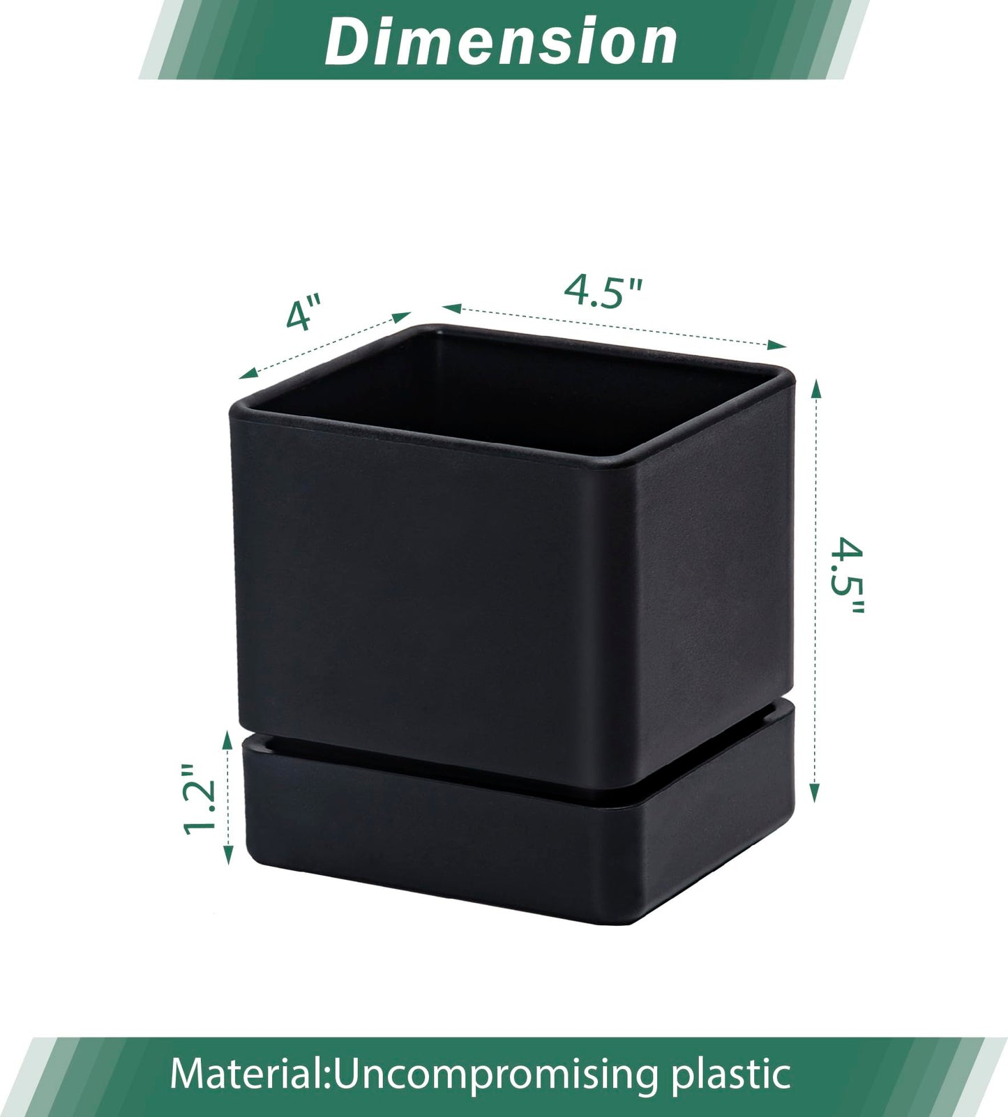 D'vine Dev 4 Inch Herb Planter Pot, Plastic Planter with Drainage Holes and Saucer, Modern Decorative Gardening Pot for Indoor Plants, Flowers, Herbs, Succulents, Black, Set of 1, 76-Y-B1-1