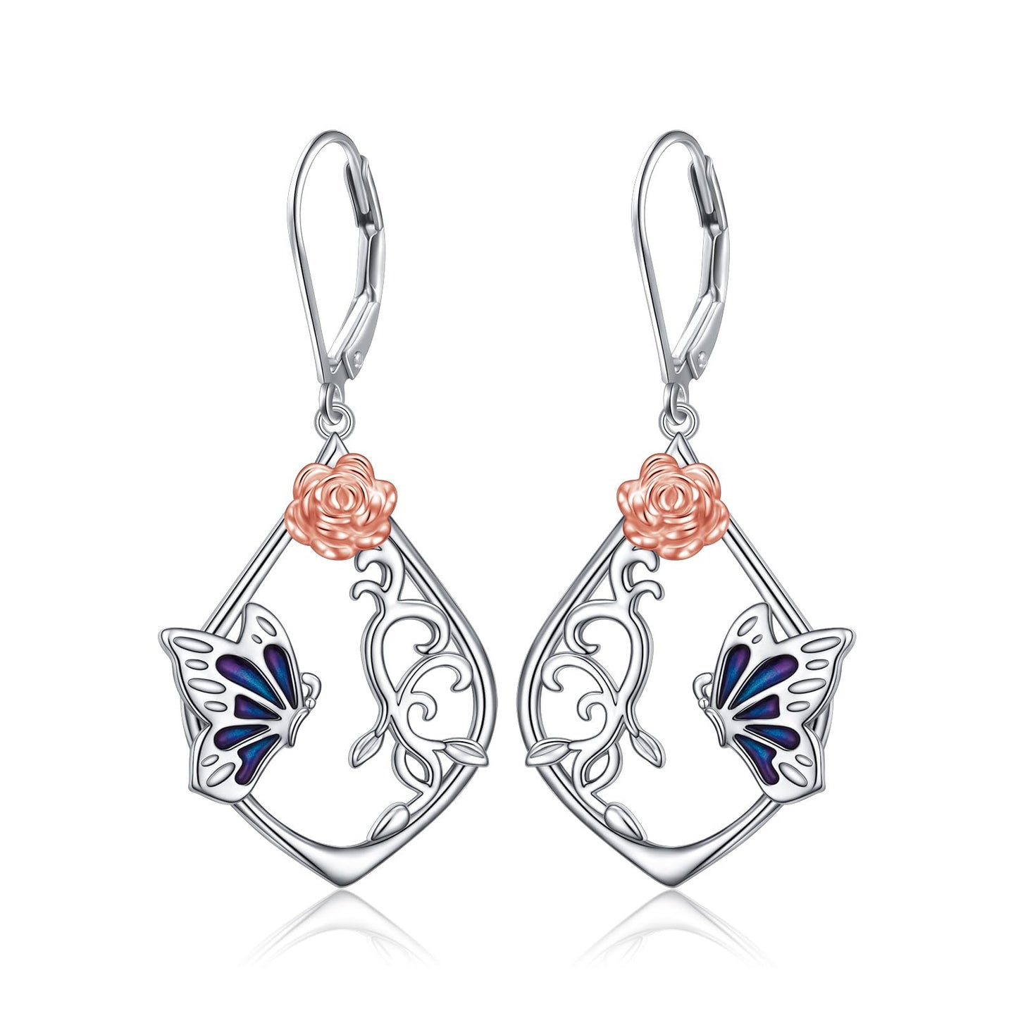 SHAOAN Butterfly Rose Dangle Drop Earrings 925 Sterling Silver Leverback Earring Jewelry Gifts for Women