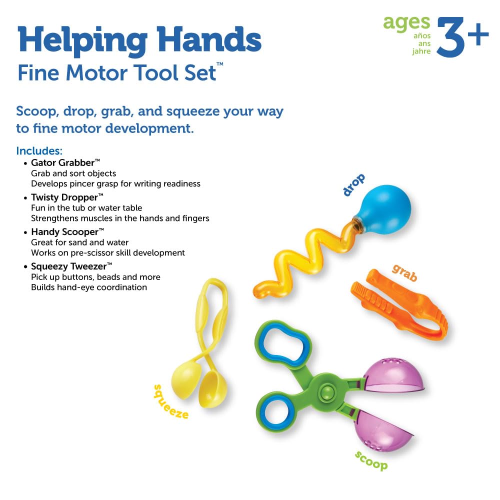 Learning Resources Helping Hands Fine Motor Tool Set Toy - Sensory Bin Sand Toys, Montessori, Plastic Tweezers, Therapy Games For Toddler, Homeschool Preschool Supplies