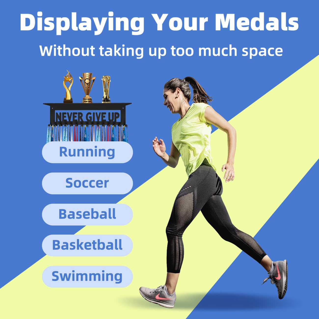 Dafftos Medal Trophy Shelf Hanger Display with Hooks for Medals Race Ribbon Holder Organizer Award Bib Rack Hanging Storage Award Holders Metal Never Give UP