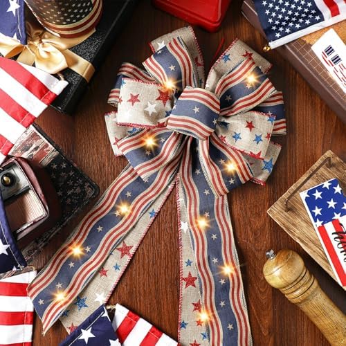 2 Pcs Patriotic 4th of July Lighted Wreath Bow Large Red White and Blue 250th Anniversary Burlap Tree Topper American Flag Star Independence Memorial Day Indoor Outdoor Decoration(Simple)