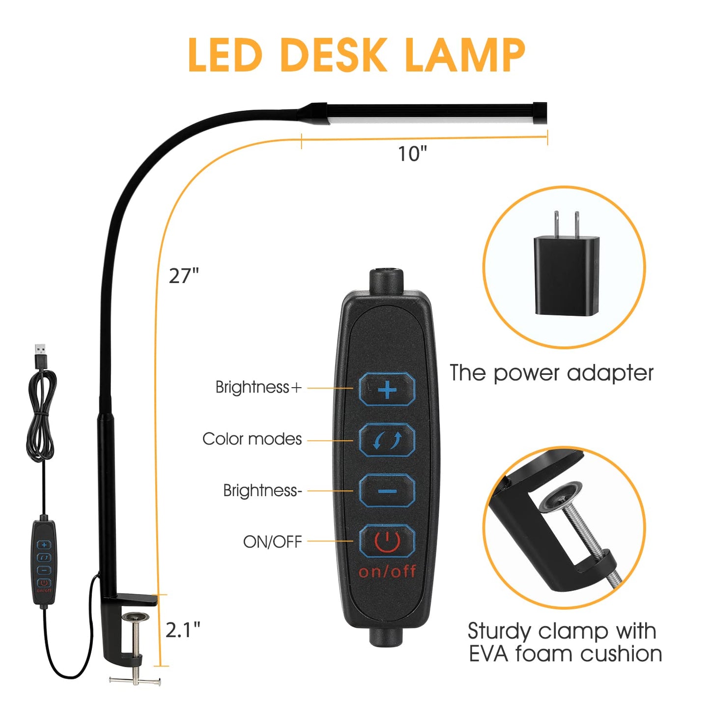 Voncerus LED Desk Lamp with Clamp, Eye-Caring Clip on Lights for Home Office, 3 Modes 10 Brightness, Long Flexible Goose-Neck, Metal, Swing Arm Architect Task Table Lamps with USB Adapter, Black