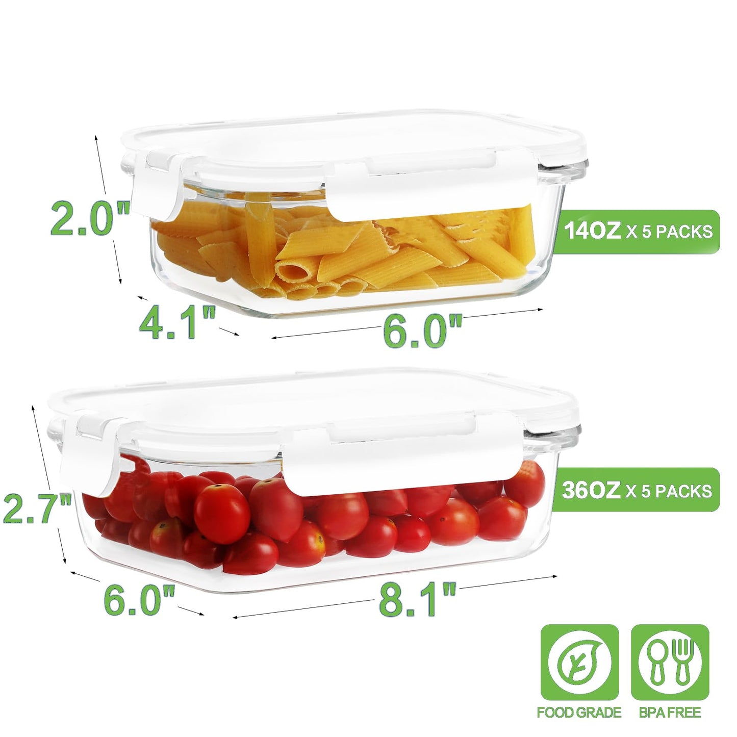 10 Pack Borosilicate Glass Meal Prep Containers with Locking Lids, Glass Food Storage Containers Set, Airtight Lunch Bento Boxes, BPA-Free & Leak Proof, 36oz & 14oz, Freezer, Oven Safe-White