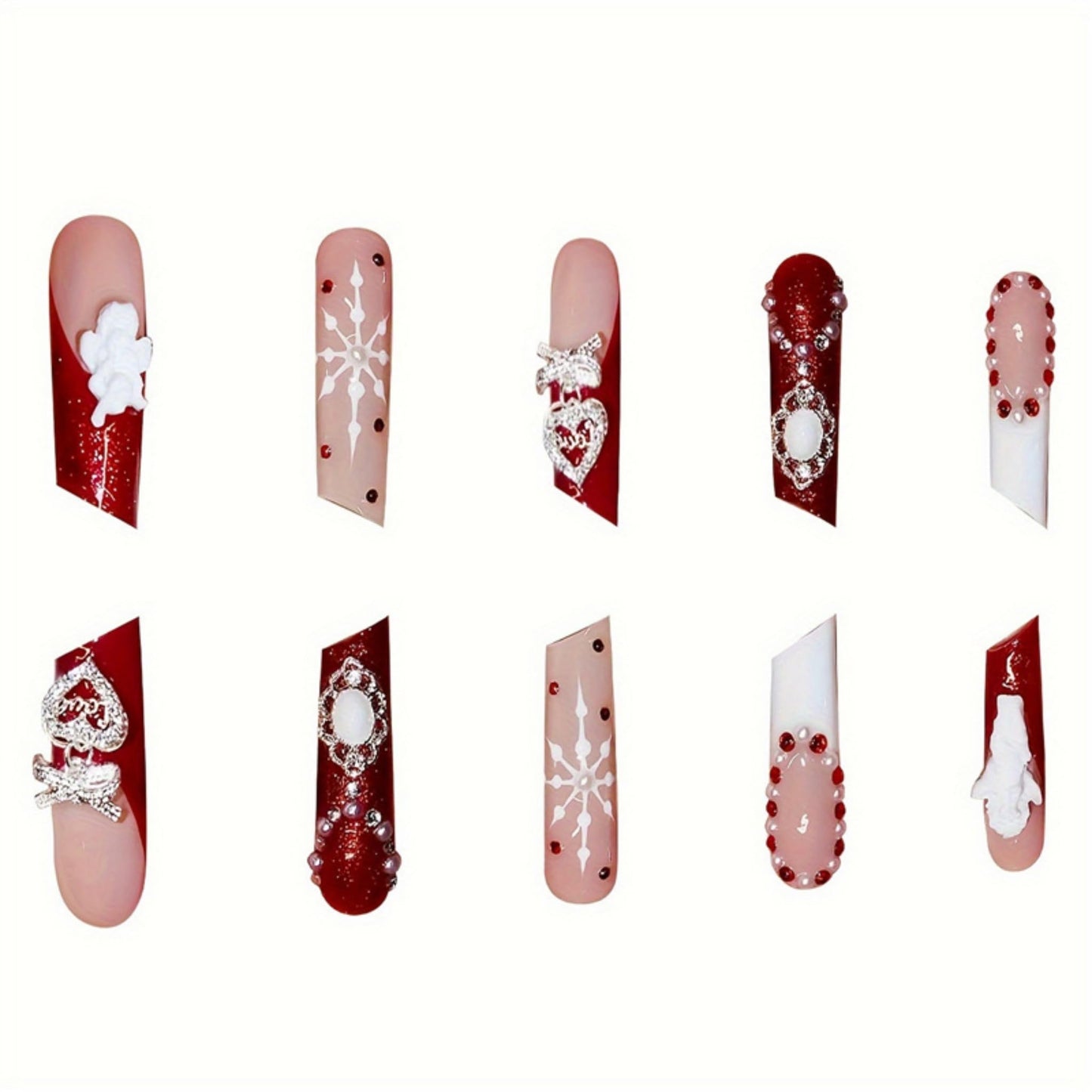 Valentines Long Press on Nails Square Fake Nails SEENEEY Special Square Artificial Nail Red and White Pearl Designs Rhinestones Stick on Nail for Women 24pcs