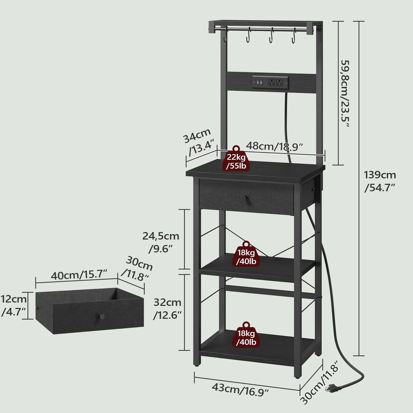 MAHANCRIS Bar Cart for Home and Bakers Rack with Drawer Bundle, Microwave Stand with Power Outlet, RCHR6101-BRBK48E01