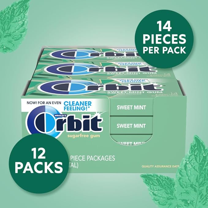 Orbit Sweet Mint Sugar Free Chewing Gum Bulk, 12 Packs, 14 Pieces Each (168 Total)
