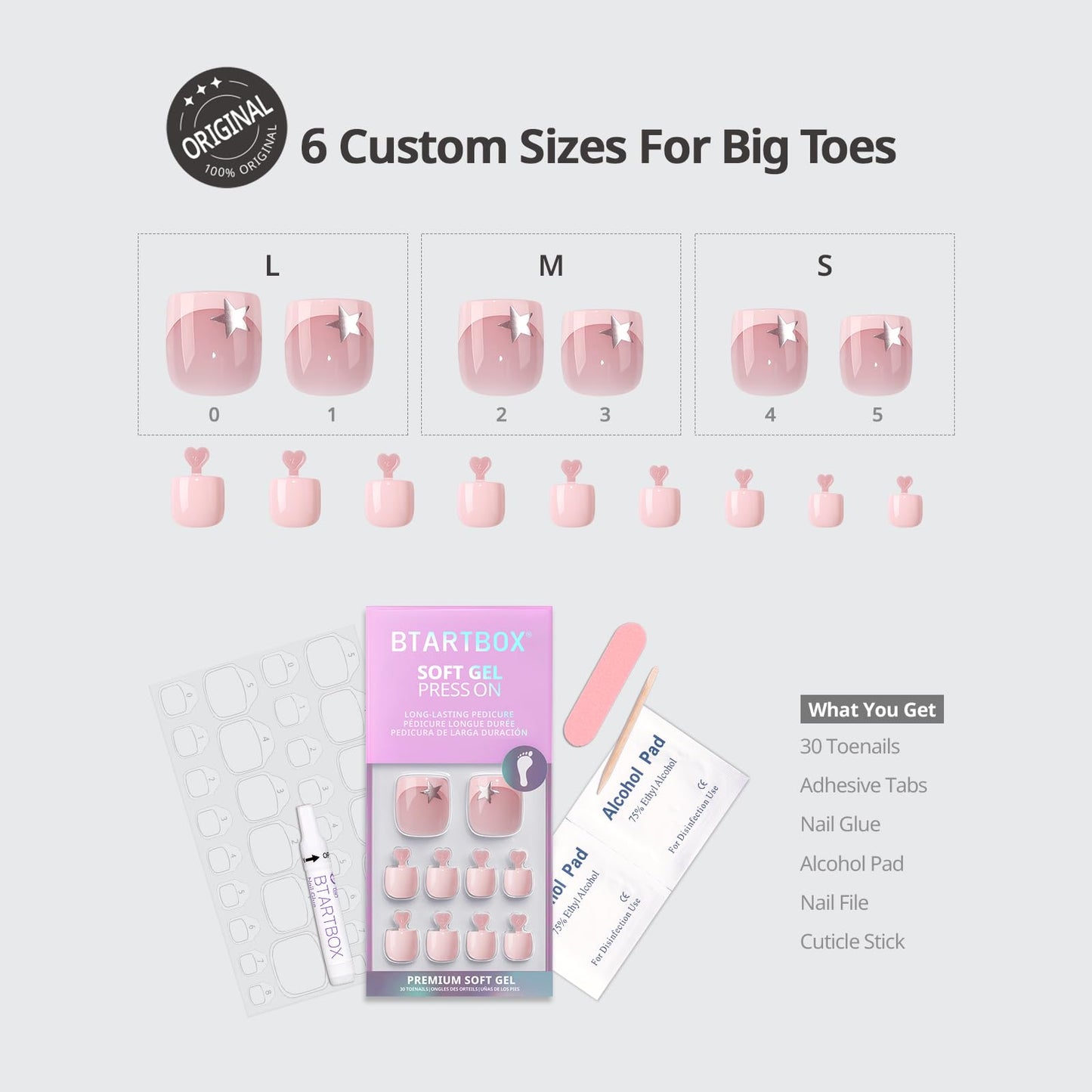 BTArtbox Press On Toenails Short - Your Highlight, Silver Star French Tip Square Toe Nail Press Ons with Glue and Adhesive Tabs for Women in 15 Sizes - 30 Toenails All-in-One Kit