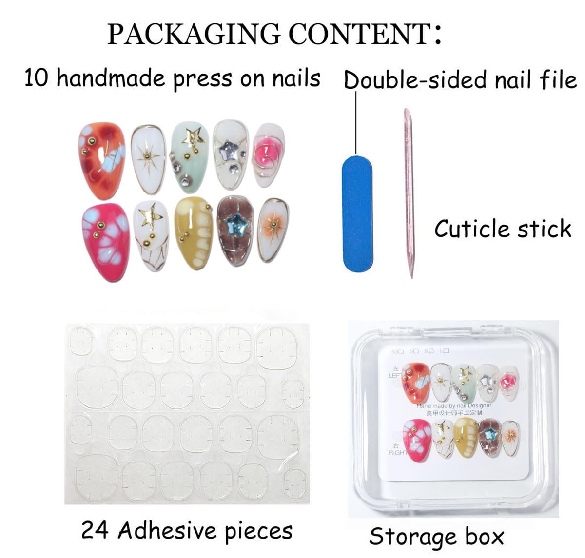 10Pcs Short Almond Handmade Press On Nails | Easy Apply & Remove, Reusable Salon Quality Nails | Colorful Y2K Fake Nails with 3D Star, Gold Accents & Rhinestone (RR06, S)