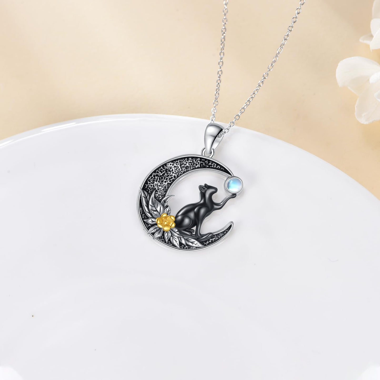 Vadmans Black Cat Necklace Sterling Silver Moon Pendant Cute Animals Jewelry Gifts for Women Cat Lover