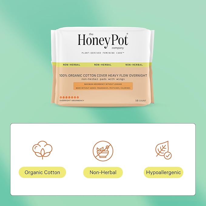 The Honey Pot Company - 64ct - Sanitary Pads for Women - Non-Herbal Heavy Overnight w/Wings - Organic Cotton Cover & Ultra-Absorbent Pulp Core - Feminine Care - FSA & HSA Eligible
