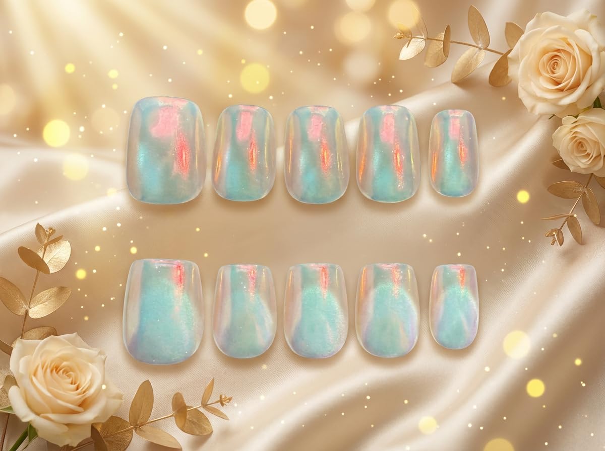 Oceanic Dream - Handmade Short Square Press on Nails Iridescent Pearl Cat Eye Fake Nails 10Pcs Size L Complete Kit Press Ons - Eli Miré