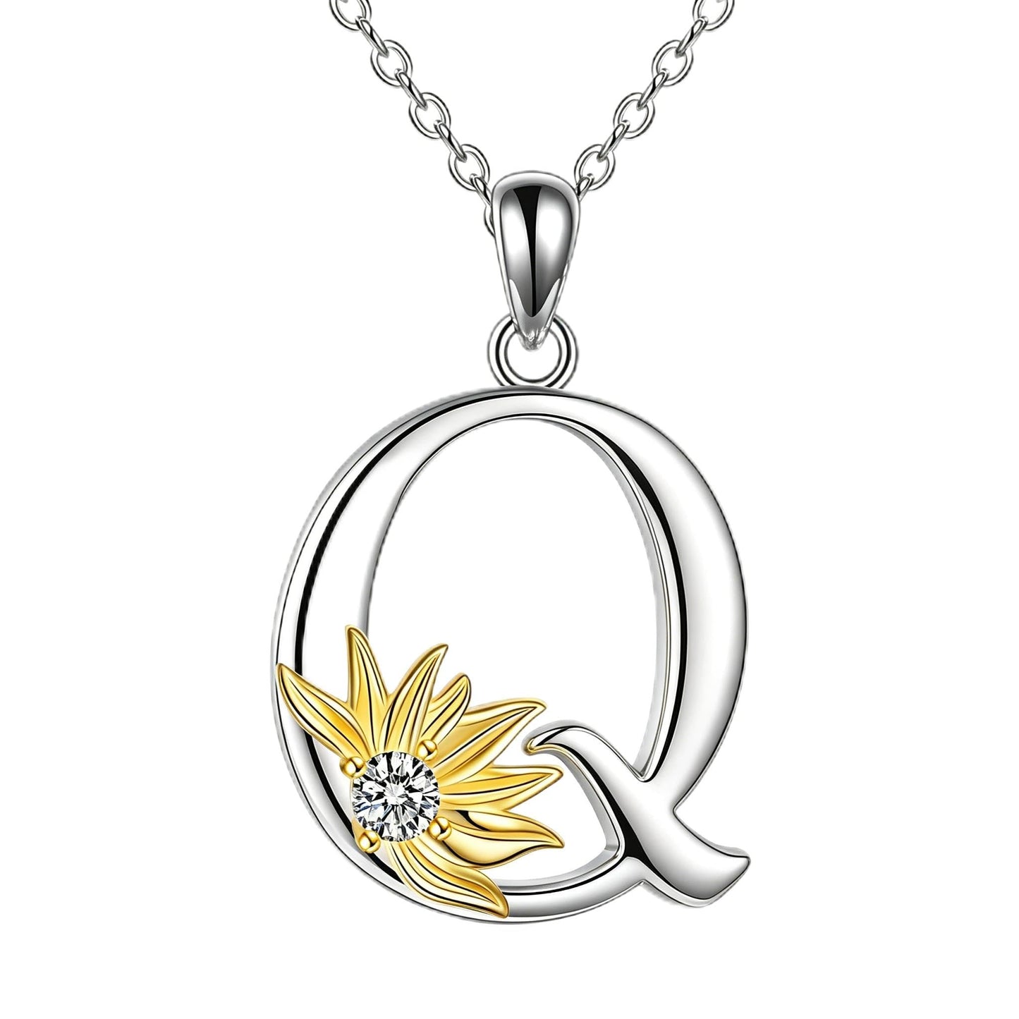 POPLYKE Sunflower Necklace Initial Sunflower Gifts for Women Alphabet Letter Script Name Pendant Chain (Sunflower Q)